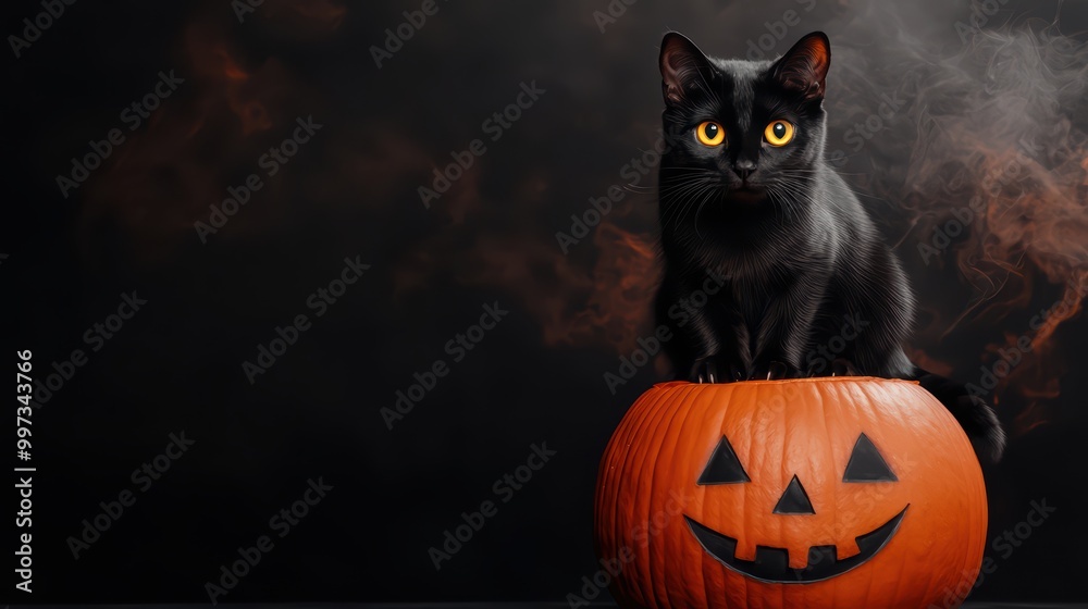 Black cat sitting on a pumpkin with Halloween theme, dark background.