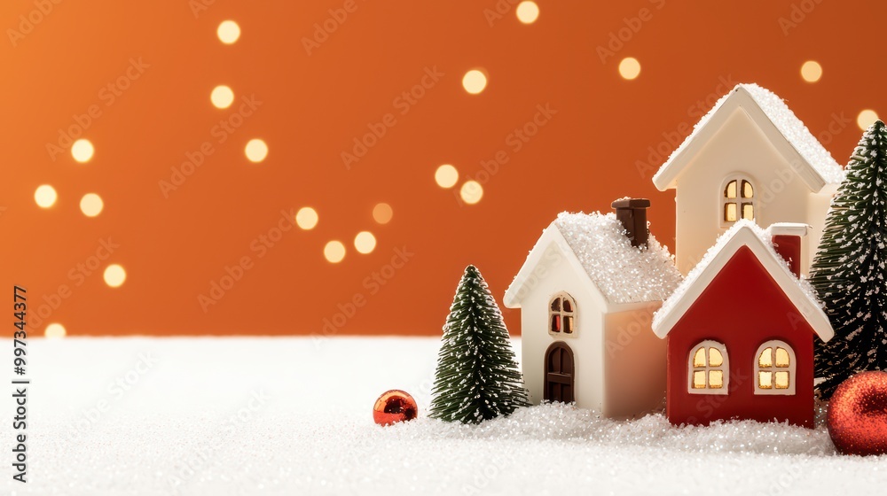 Fototapeta premium Charming holiday houses with festive decorations on snowy ground.