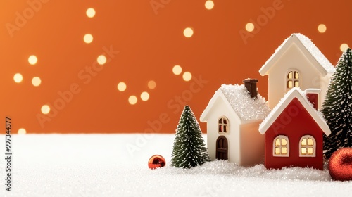 Charming holiday houses with festive decorations on snowy ground.