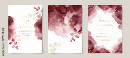 Elegant burgundy watercolor and leaves on wedding invitation card template. burgundy watercolor background
