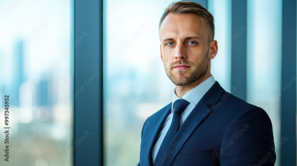Confident businessman in suit standing by large windows in modern office. Confident businessman in suit standing by large windows in modern office.