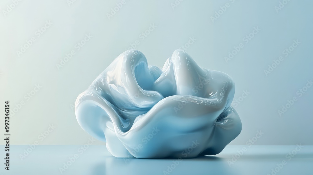 This fluffy, cloud-like sculpture features a smooth, reflective finish and is prominently displayed against a pale blue background, creating an abstract visual experience This fluffy, cloud-like sculpture features a smooth, reflective finish and is prominently displayed against a pale blue background, creating an abstract visual experience