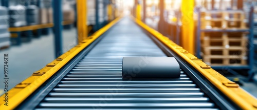 Wallpaper Mural Conveyor belt transporting a cylindrical object in a warehouse setting. Torontodigital.ca