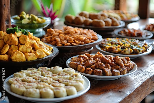 A selection of Indonesian snacks on a table. Perfect for showing a variety of delicious food items.