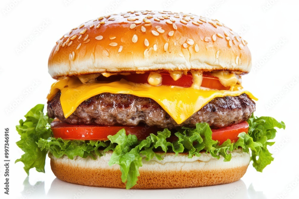 Delicious cheeseburger with lettuce, tomato, and sesame seed bun on white background.