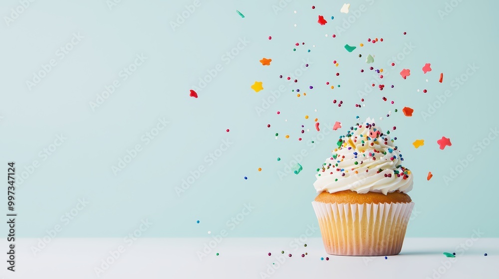Delicious cupcake with colorful sprinkles on a light blue background. Delicious cupcake with colorful sprinkles on a light blue background.