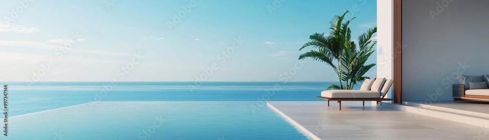 Fototapeta premium Stunning view of a tranquil infinity pool, palm tree, and serene blue sky perfect for relaxation and vacation ambiance.