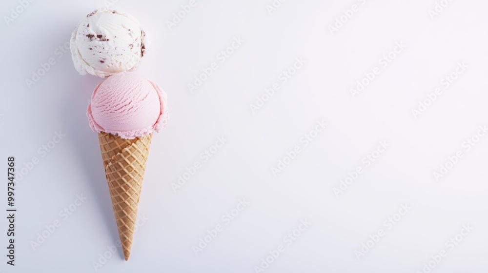 Delicious ice cream cone with pink and chocolate flavors on a white background. Delicious ice cream cone with pink and chocolate flavors on a white background.