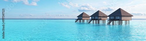 Tranquil overwater bungalows set against a clear blue sea, epitomizing luxury and relaxation in a serene tropical paradise.