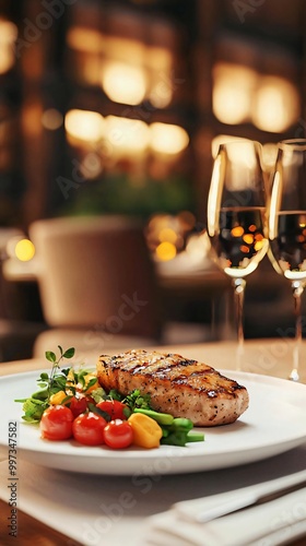 A beautifully arranged plate of grilled chicken with fresh vegetables and cherry tomatoes, paired with elegant wine glasses. photo