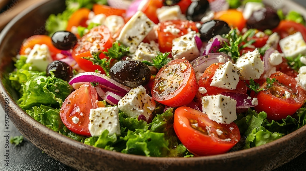 A Close-Up View of a Fresh Greek Salad with Tomatoes, Feta, and Olives A Close-Up View of a Fresh Greek Salad with Tomatoes, Feta, and Olives