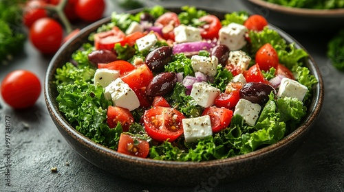 Fresh Greek Salad with Feta Cheese, Tomatoes, and Olives photo