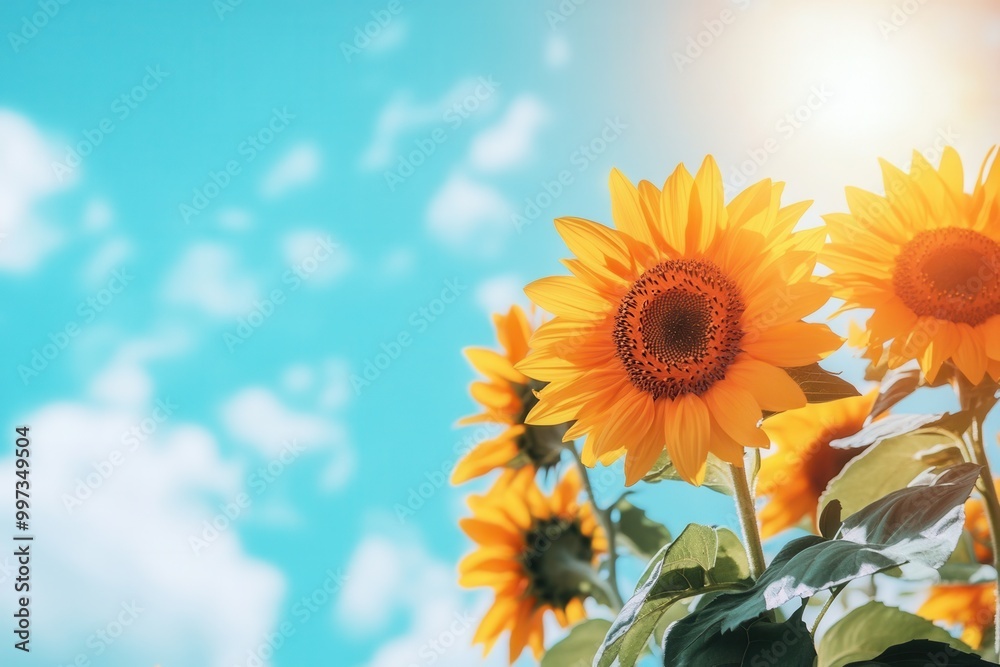 Obraz premium Bright sunflowers stand tall, enjoying the warm sunlight against a backdrop of a clear blue sky and gentle clouds. Generative AI