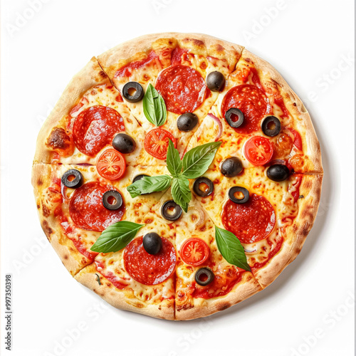 Pizza isolated on white background, online delivery from pizzeria, take away and fast food concept photo