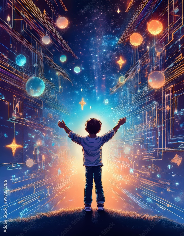 Silhouette of a Child Reaching Out to Floating Illuminated Scripts Under a Celestial Sky Silhouette of a Child Reaching Out to Floating Illuminated Scripts Under a Celestial Sky
