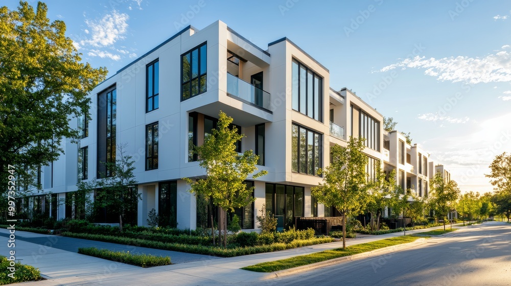 The sleek white townhouse, featuring modern architecture, stands prominently against the urban backdrop The sleek white townhouse, featuring modern architecture, stands prominently against the urban backdrop