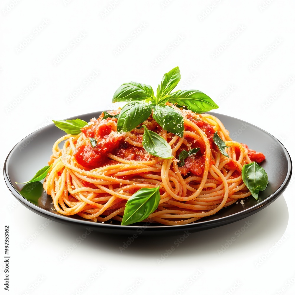 Plate of spaghetti with tomato sauce and fresh basil on a white background. Plate of spaghetti with tomato sauce and fresh basil on a white background.