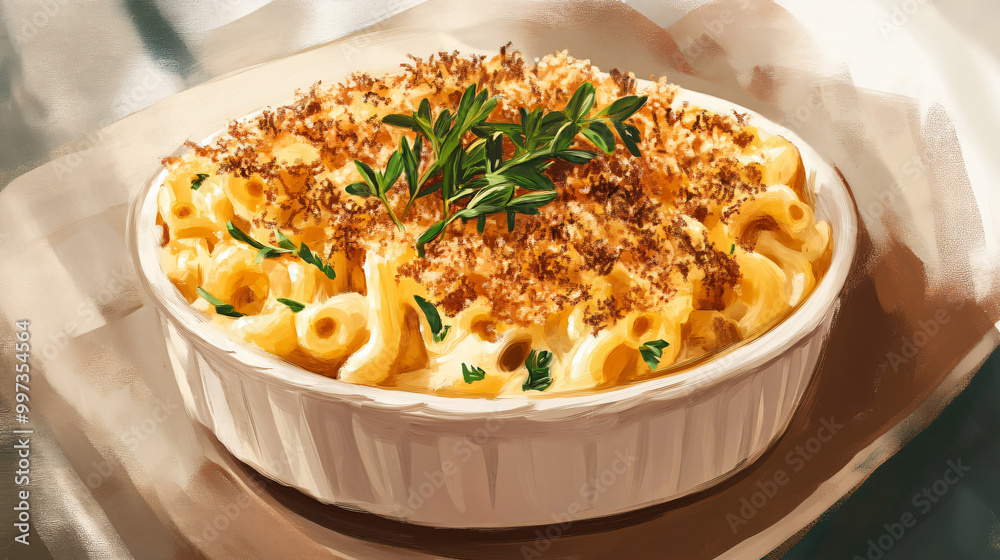 An illustration of a gourmet truffle mac and cheese with a crispy topping and fresh herbs. An illustration of a gourmet truffle mac and cheese with a crispy topping and fresh herbs.