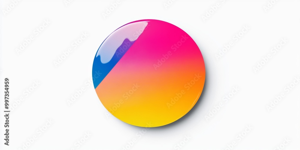 A circular promotional sticker badge in bright colors, rendered in glossy textures with a minimalistic design, against a white background A circular promotional sticker badge in bright colors, rendered in glossy textures with a minimalistic design, against a white background