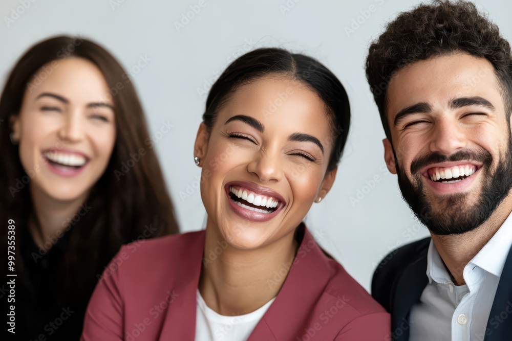 Three happy friends laughing together in a cheerful and friendly atmosphere. Three happy friends laughing together in a cheerful and friendly atmosphere.