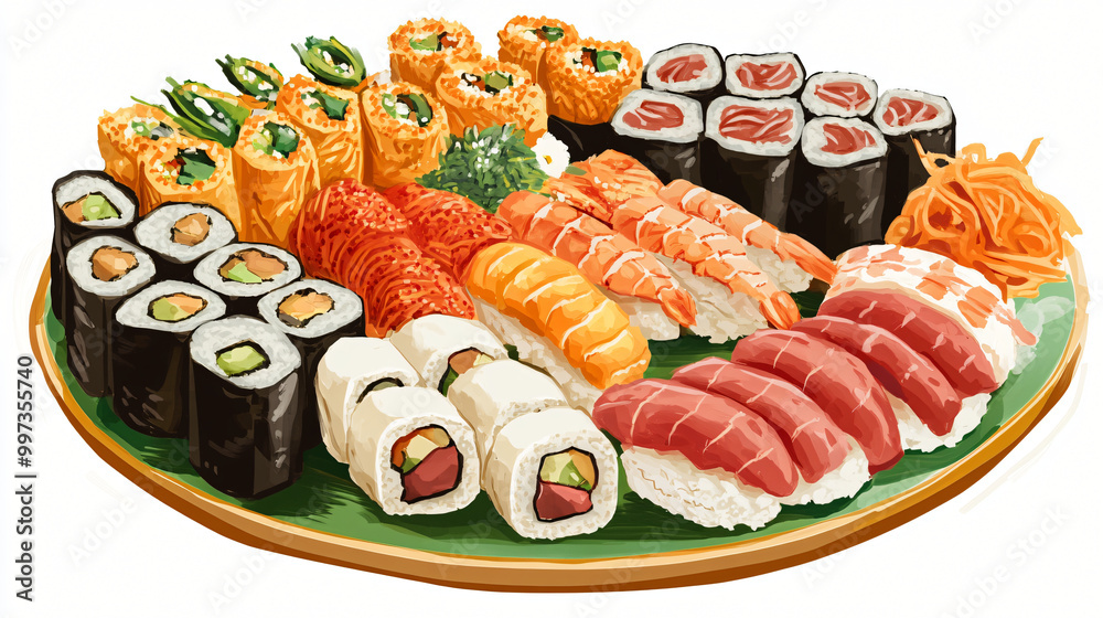 An illustration of a gourmet sushi platter with assorted sashimi and beautifully garnished rolls. An illustration of a gourmet sushi platter with assorted sashimi and beautifully garnished rolls.