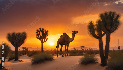 Fototapeta Naklejka Na Ścianę i Meble -  Camel at Sunset in Desert Landscape