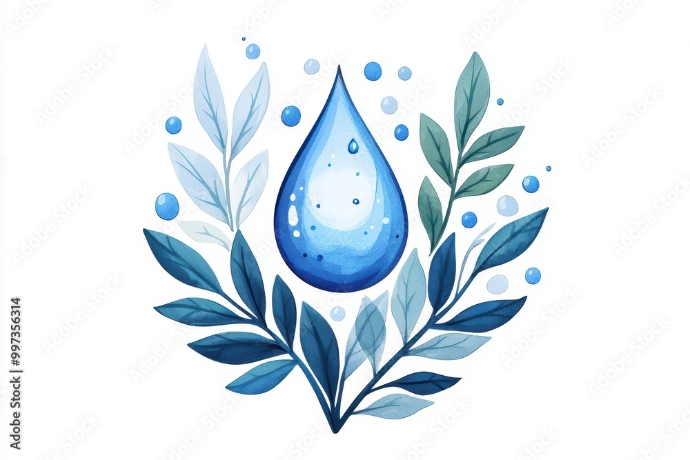 Obraz premium Water droplet surrounded by lush green leaves, on a white isolated background.