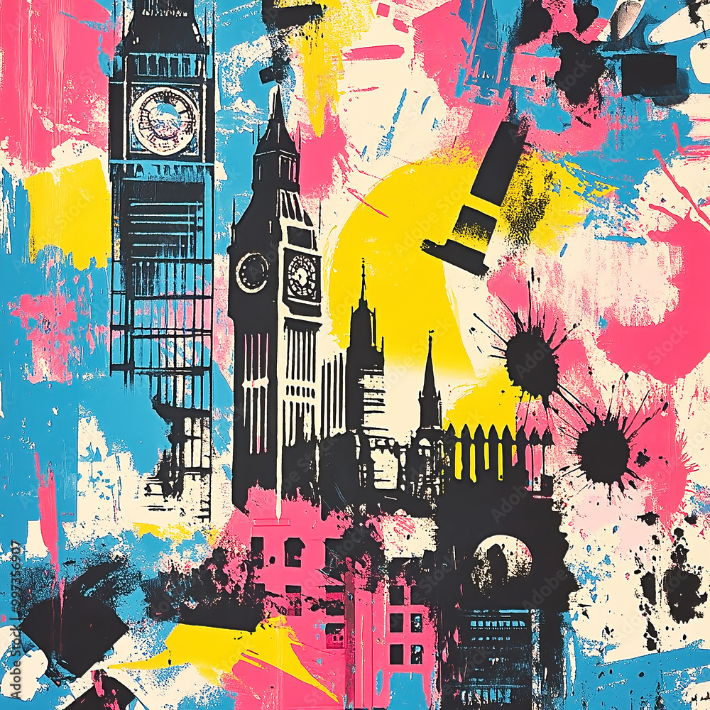 Obraz premium Brightly colored retro 1980s risograph art collage of London icons with shapes and patterns in bright colors.