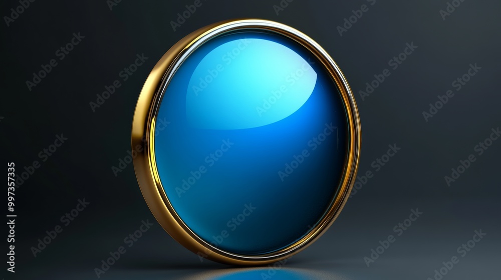 A realistic 3D round button with a glossy finish, colored in vibrant blue and metallic gold, designed for notifications, set against an empty space A realistic 3D round button with a glossy finish, colored in vibrant blue and metallic gold, designed for notifications, set against an empty space