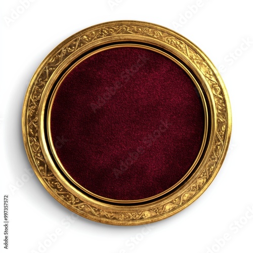 A realistic medal badge in a circular shape, colored in metallic gold and deep crimson, featuring a textured design against a soft white background