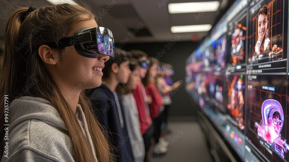 A group of children are wearing virtual reality goggles A group of children are wearing virtual reality goggles