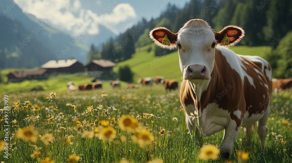 Cow in a flower-filled meadow with mountains. Cow in a flower-filled meadow with mountains.