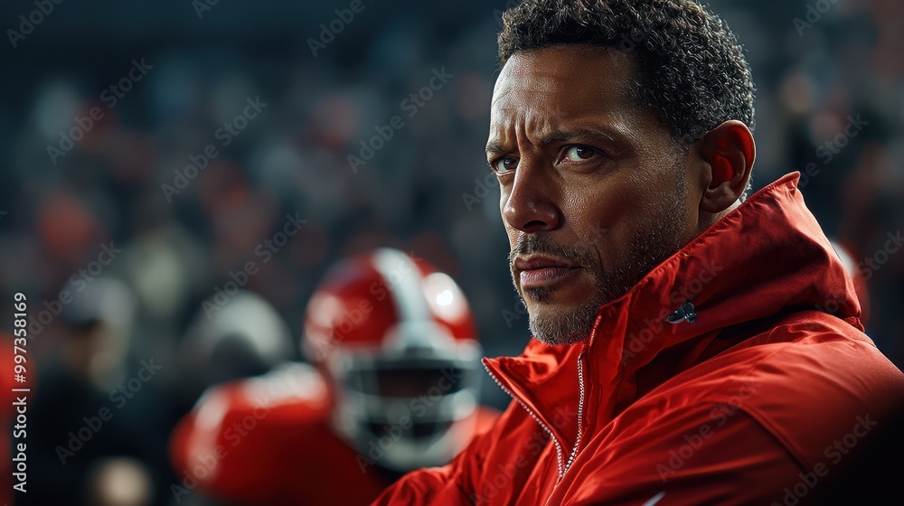 Fototapeta premium A man in a red jacket is looking at the camera