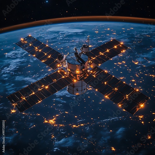 Space Station Orbiting Earth at Night photo