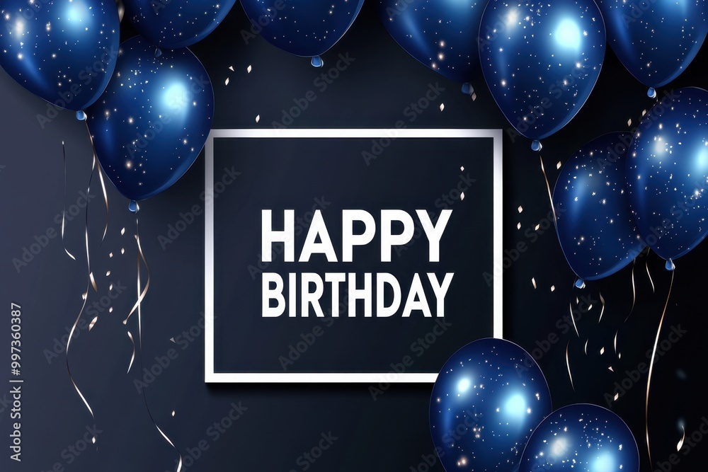 Fototapeta premium Happy birthday background with blue balloons and a white square frame on a black background 