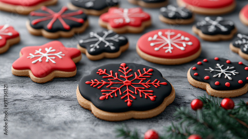 Festively decorated cookies in red, black, and white showcasing intricate designs, perfect for holiday celebrations.