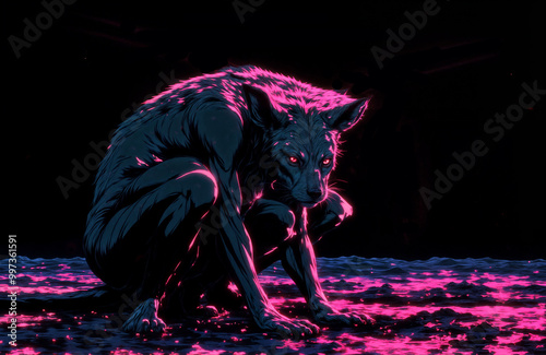 a stylized wolf in a crouching position against a dark purple background. photo