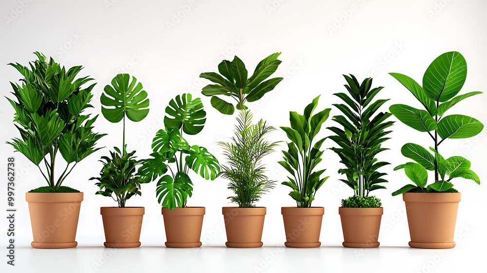 Fototapeta premium A row of potted plants contrasts beautifully with the stark white background.