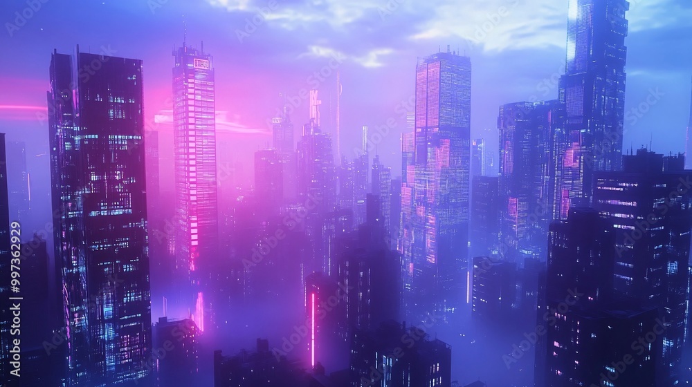 Fototapeta premium A futuristic city skyline bathed in pink and blue neon lights, with a hazy atmosphere.