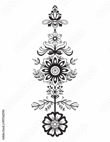 A flowery design with a sunflower in the middle. The flowers are arranged in a way that they look like they are growing up from the ground. The design is very intricate and detailed