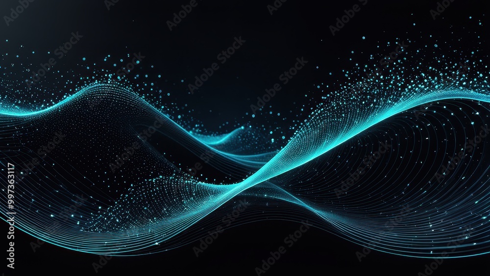 Abstract waves with glowing particles on a dark background, representing digital flow and energy. Abstract waves with glowing particles on a dark background, representing digital flow and energy.