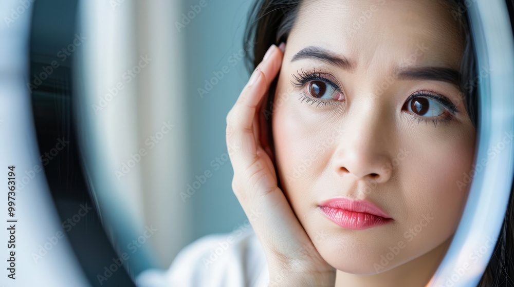 Fototapeta premium Contemplative woman examining her reflection in a mirror.