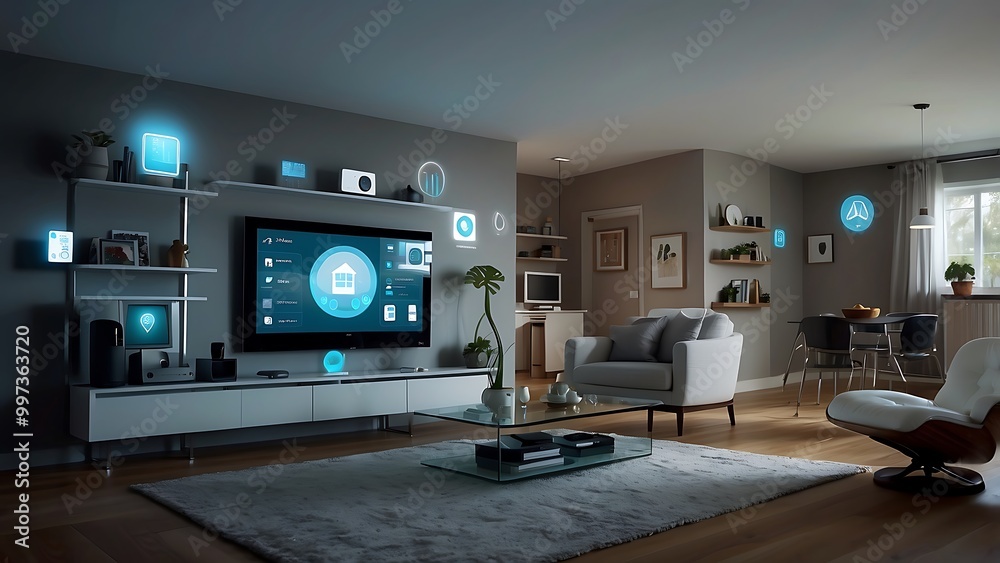 Modern Smart living room interior with innovative technology maintaining connections. Modern Smart living room interior with innovative technology maintaining connections.