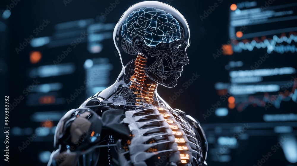 Futuristic robotic human anatomy with data visualization. Futuristic robotic human anatomy with data visualization.