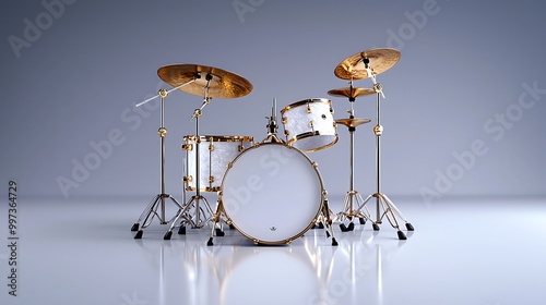 A white and gold drum set gleams against a grey background, ready for a powerful performance.