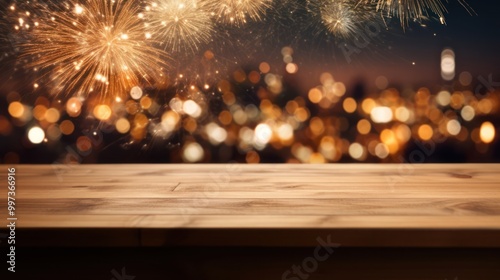 Wooden Tabletop with Festive Fireworks and City Lights