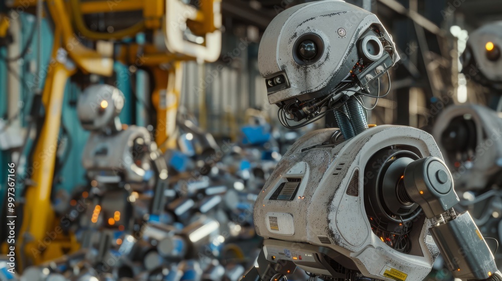 A close-up of a white robot in a factory setting, with a pile of metal parts in the background.
