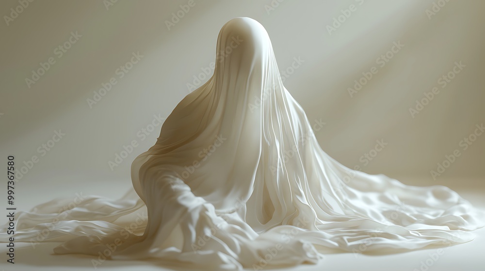 A white fabric-draped figure creates an abstract minimalist silhouette, full of quiet elegance. A white fabric-draped figure creates an abstract minimalist silhouette, full of quiet elegance.