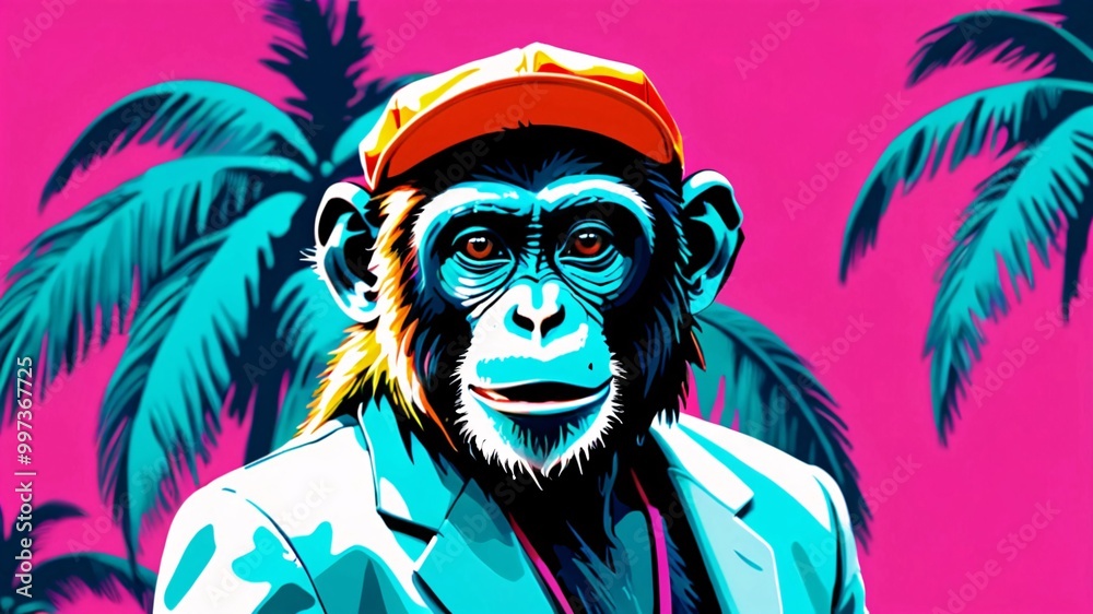 Fototapeta premium Cool monkey in a cap and suit against a pink background with palm trees.