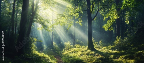 Sunlit Forest Path with Lush Greenery and Ethereal Atmosphere photo